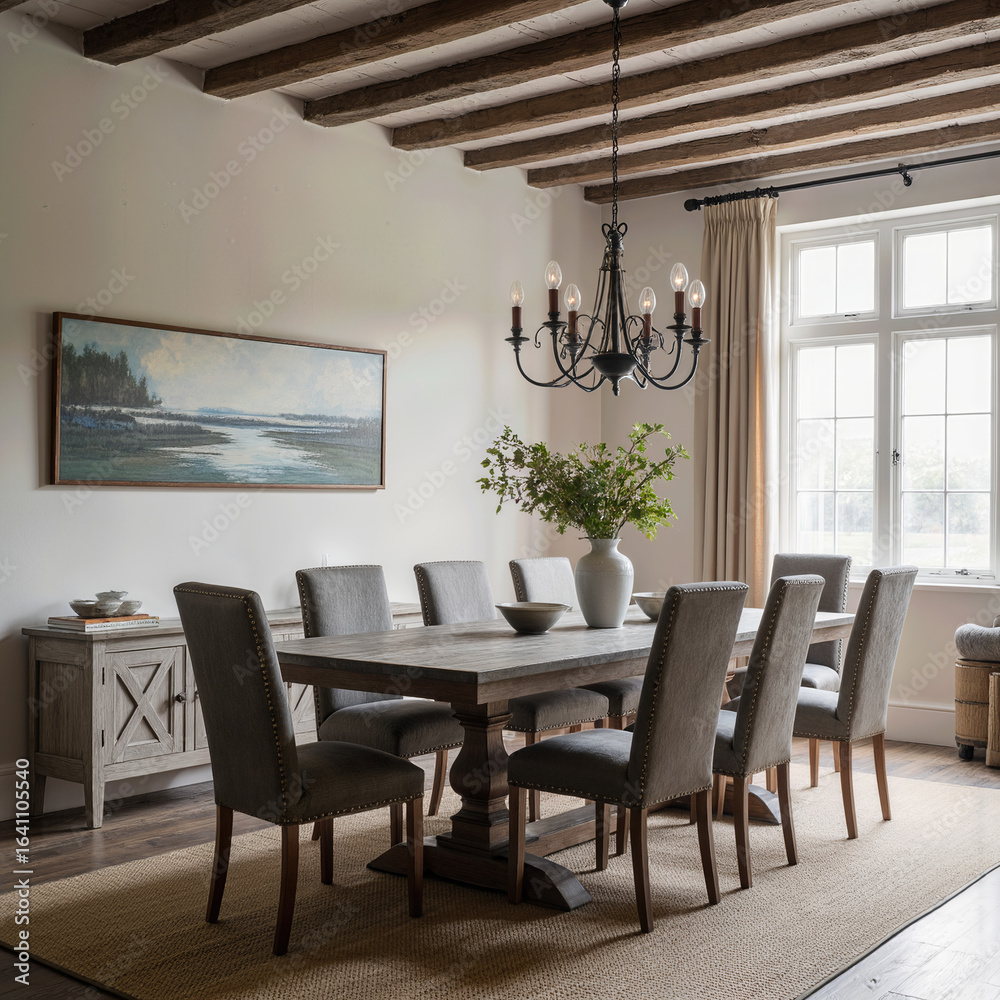 Fototapeta premium An elegant and spacious rustic dining room featuring dramatic exposed ceiling beams, a classic black chandelier, and a large table perfect for family gatherings. 