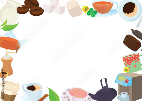 Coffee beans, tea bags, cups, and various brewing equipment form a vibrant and inviting frame