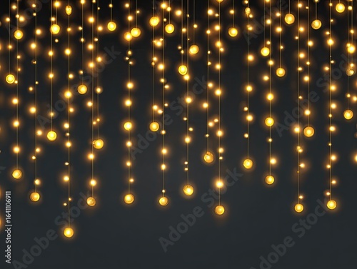 Golden string lights cascading on a dark background