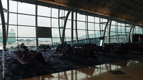 Spacious interior of Hong Kong International Airport. The video showcases travelers seated in the terminal with large windows revealing aircraft and mountainous landscape outside