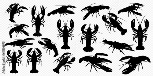 A diverse collection of black silhouettes featuring lobsters and crayfish in various poses.