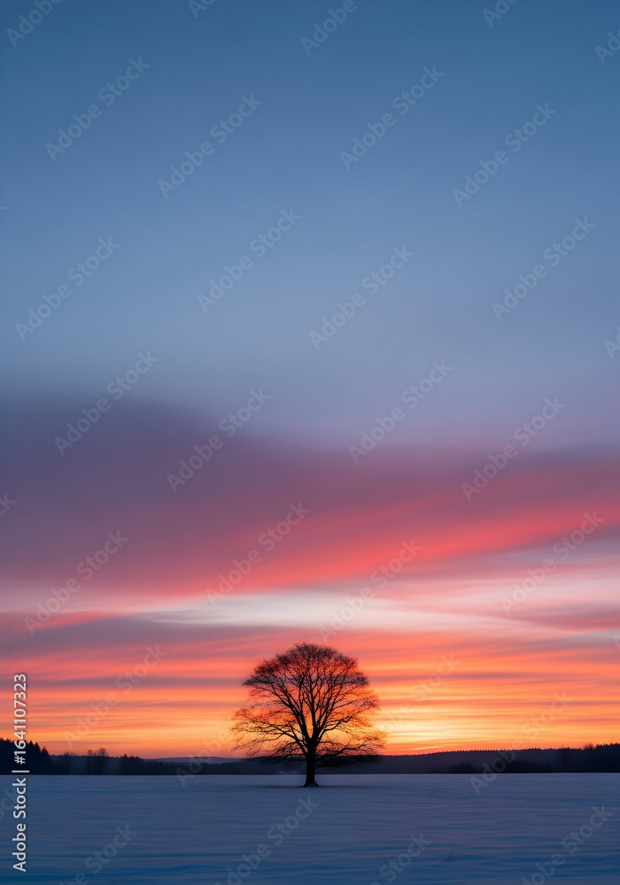 Fototapeta premium Solitary Tree Silhouetted Against a Vibrant Winter Sunrise