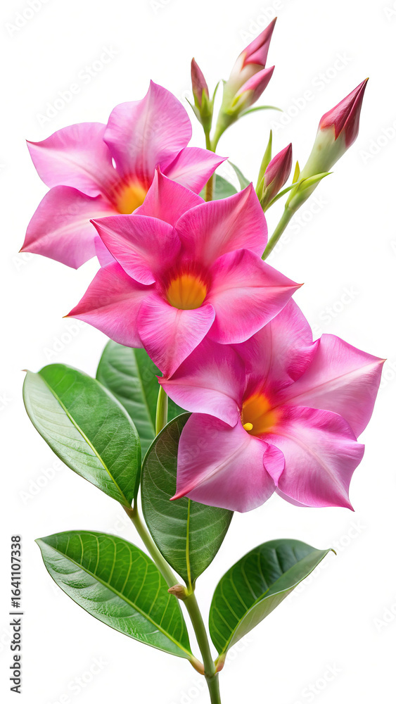 Elegant Pink Mandevilla Flowers with Lush Green Leaves on a White Background Elegant Pink Mandevilla Flowers with Lush Green Leaves on a White Background