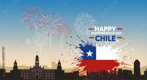 Chilean Independence Day: Patriotic Splatter Flag over Santiago Skyline with Fireworks