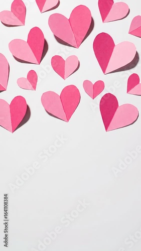 A captivating overhead top-down flat lay video of dual-toned pink paper hearts meticulously arranged on a pristine white surface, with a slow dolly out revealing vast negative copy space. Bright