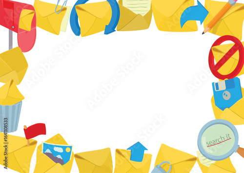 Envelopes frame with various emailing and messaging icons, including mailbox, pencil, magnifying glass, and floppy disk, creating a vibrant border