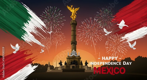 Festive Mexican Independence Day with El ?ngel, Fireworks, and Flag Brushstrokes