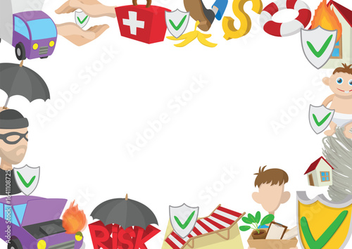 Cartoon style icons framing a white background, representing various insurance services covering diverse life situations and potential risks