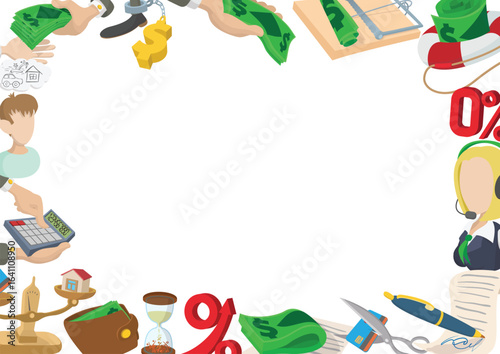 Cartoon style financial icons creating a frame, symbolizing money, banking, investment, and financial decisions
