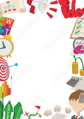 Colorful business icons creating a frame, symbolizing strategy, success, and financial growth