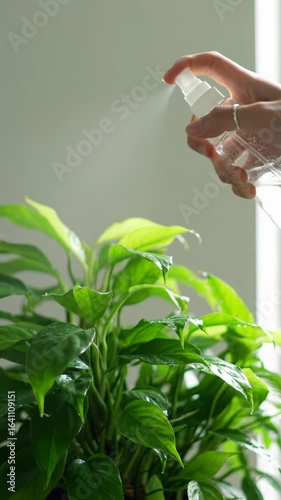 An elegant, gender-neutral hand gently tending a vibrant green houseplant in an extreme close-up video, with a soft, minimalist bokeh background, conveying tranquil well-being and natural vitality