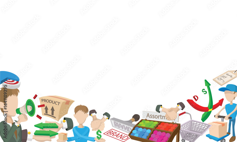 Obraz premium Marketing and retail cartoon icons frame representing business related concepts like product, brand, assortment, price, target, and delivery