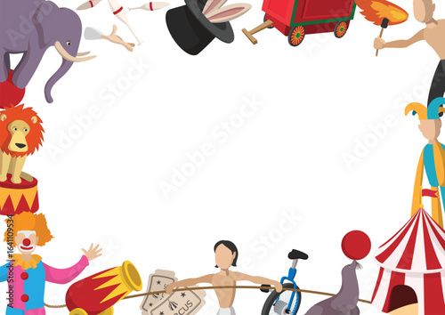 Various circus performers and trained animals forming a vibrant border with empty space in center