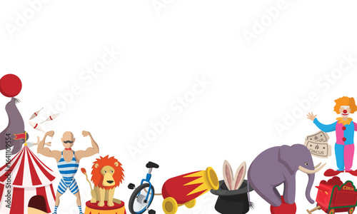 Circus performers and trained animals showing their amazing skills in a colorful vector illustration with copy space