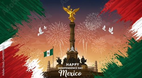Golden Angel of Independence Celebrates Mexico with Fireworks and Flag Art