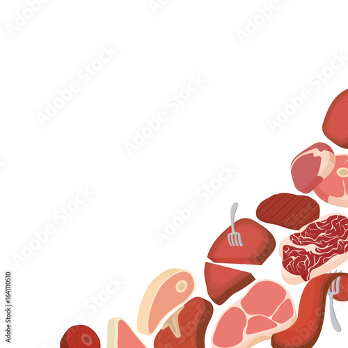 Various cuts of delicious looking raw red meat arranged decoratively against a clean white backdrop