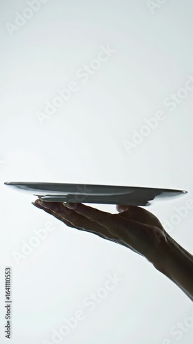 a low-angle video shows a well-groomed, gender-neutral hand gently balancing a perfectly empty, glossy white ceramic plate upwards against a seamless pure white void with soft studio lighting,