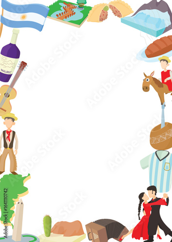 Argentinian frame showcasing cultural icons, including wine, music, dance, food, and landscapes, celebrating the country's rich heritage