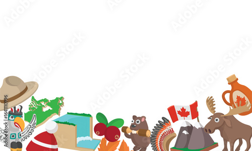 Cartoon vector illustration of iconic canadian symbols forming a border around white copyspace, celebrating canadian culture and heritage