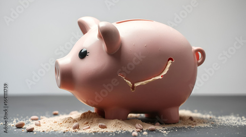 Broken piggy bank with dust falling out, symbolizing personal savings drained by austerity measures, economic crisis, depression, austerity measures