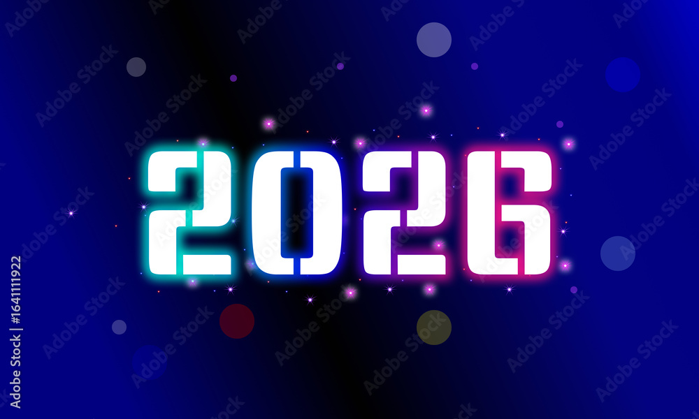 Obraz premium Happy New Year 2026 with a glowing stencil font. A futuristic design featuring the year 2026 with a blue and pink neon aura, sparkles, and bokeh lights. A modern holiday celebration background.