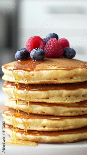 Extreme close-up video of fluffy golden-brown pancakes on a pristine white surface. A graceful hand drizzles rich golden maple syrup and places fresh blueberries and crimson raspberries with