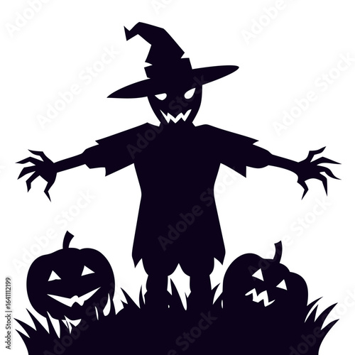 Creepy Scarecrow in Pumpkin Field – Spooky Silhouette Vector