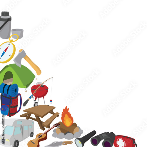 Cartoon style camping equipment forming a diagonal border, ideal for camping, outdoor, or travel related designs
