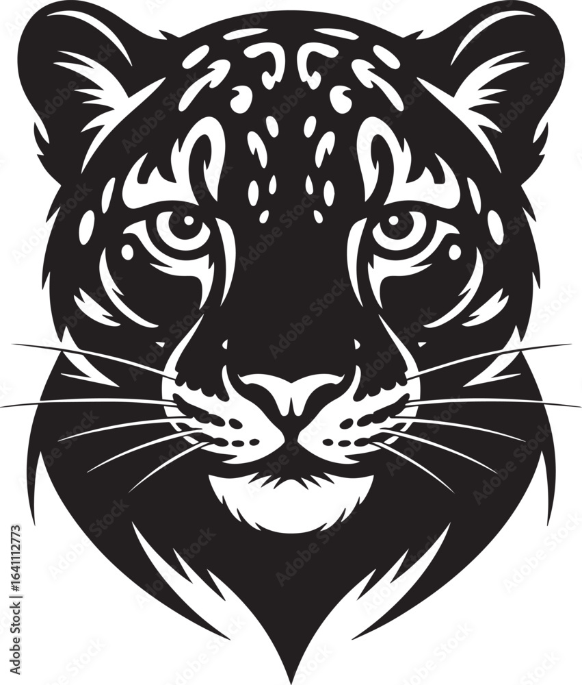 Obraz premium Leopard Face Vector Illustration Black Silhouette with Spots on Transparent Backdrop
