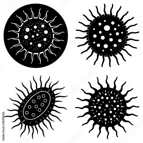 Illustration of four black and white virus cells with spiky projections and circular internal structures