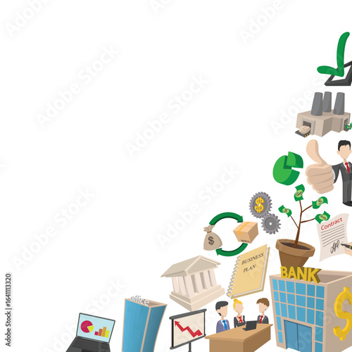 Cartoon style icons representing various aspects of business, including finance, banking, investment, and corporate growth, arranged on a white background