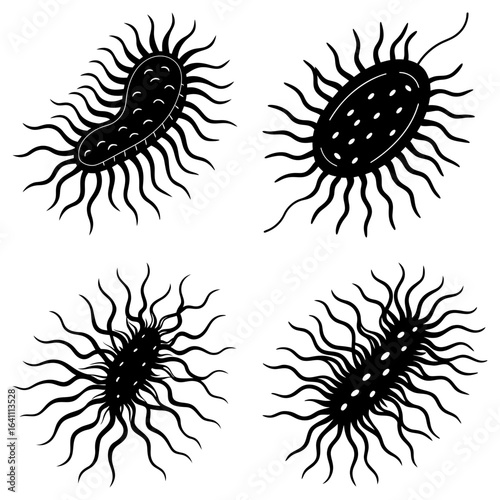 Four black and white illustrations of bacteria cells with flagella on a white background image design