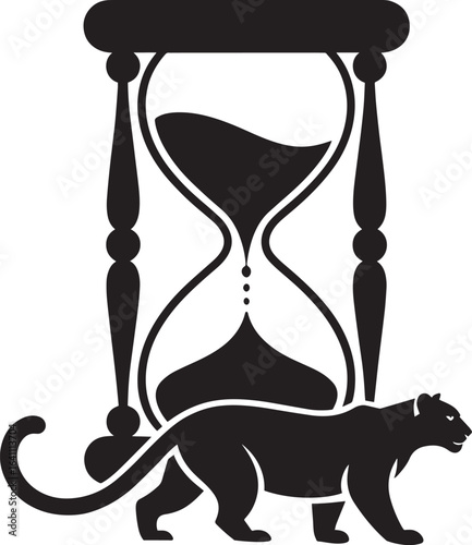 Panther Silhouette with Hourglass Symbolizing Time and Power on Transparent Background