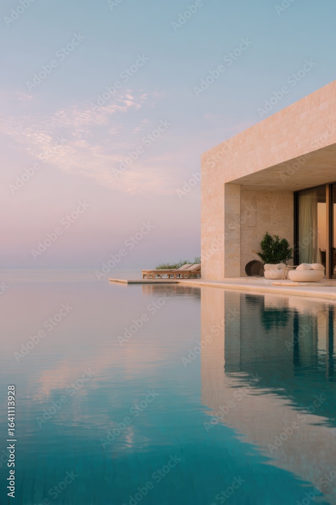 Fototapeta premium Elegant minimalist seaside villa with a flat roof overlooking tranquil waters at sunset