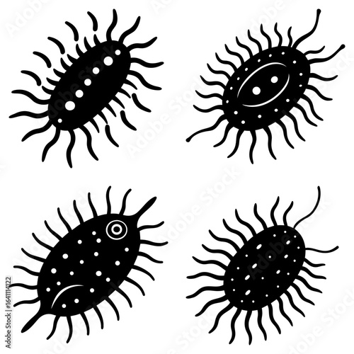 Illustration of four stylized black and white microbes with tentacle like structures and internal markings
