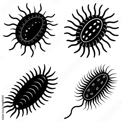 Set of four black and white bacteria or germs with varying internal structures and external appendages