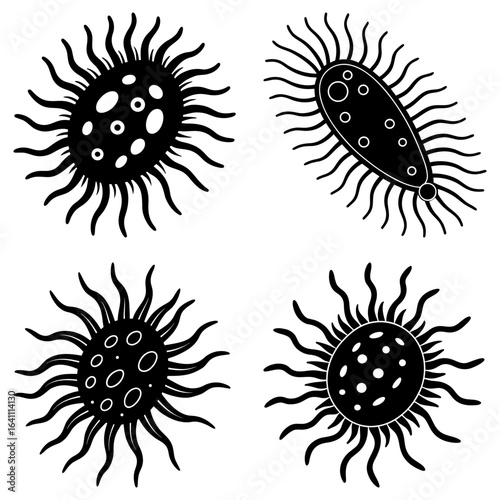 Four stylized black and white microorganisms with radiating appendages in a square arrangement