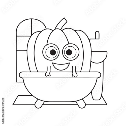 Happy cartoon pumpkin taking a bath in a bathtub outline halloween