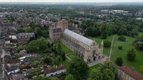 4K:  Drone Aerial Clip of St. Albans Cathedral, Hertfordshire, UK. Circular shot of back Summer. Stock Video Clip Footage
