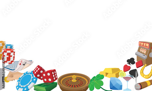Gambling composition with slot machine, roulette, poker chips, playing cards, dice, money and lucky symbols on white background