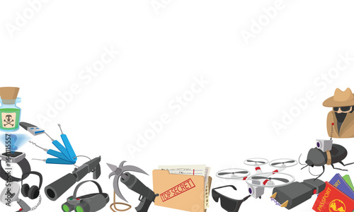 Cartoon spy tools and equipment banner illustrating espionage, surveillance, and investigation concepts