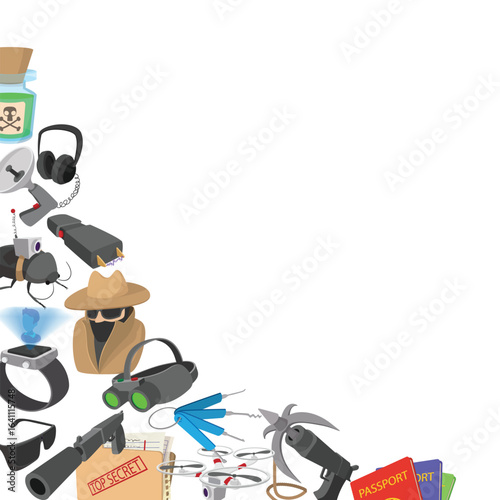 Cartoon style illustration showcasing various spy gadgets and tools used in espionage and surveillance activities, including night vision goggles, drone, lock picks, and poison
