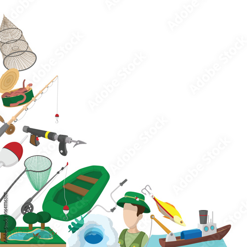 Various fishing equipment and accessories arranged in a corner, featuring a fisherman, boat, and ice fishing hole, creating a themed border