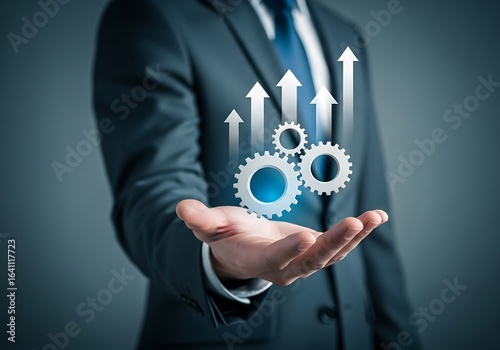 Business professional presenting gears and upward growth arrows