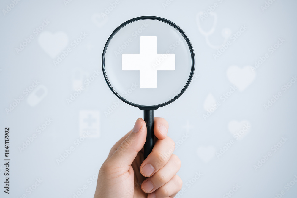 Obraz premium Hand holds magnifying glass focusing on medical cross symbol representing life and insurance