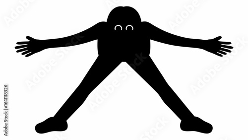 Silhouette of a figure with outstretched arms and legs forming a wide stance on a white background