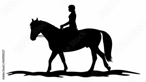 Silhouette of a horse with a rider in black color on a white background in a vector graphic image