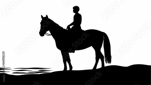 Silhouette of a person riding a horse standing near water on a white background in monochrome style art
