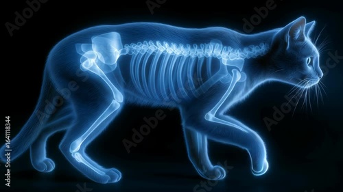 Digital X-ray of Cat Skeleton in Side View on Black Background