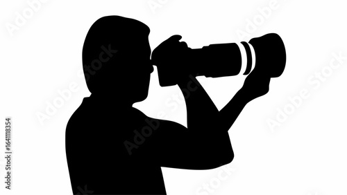 Silhouette of a person holding a camera with a large lens and aiming it towards something unseen here